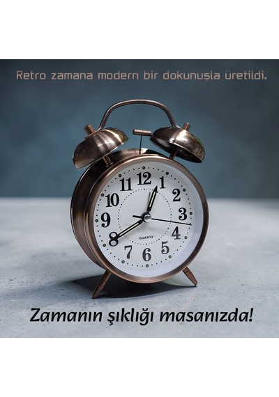 Upway Retro Tarz Bakır Masa Saati Büyük Boy Çanlı Tokmaklı Işıklı Metal Kasalı Bakır
