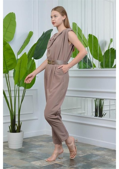 Neşeli Butik Vizon Kadın Vatkalı Kemer Detaylı Sıfır Kol Cepli Tulum Nb10051 Vizon