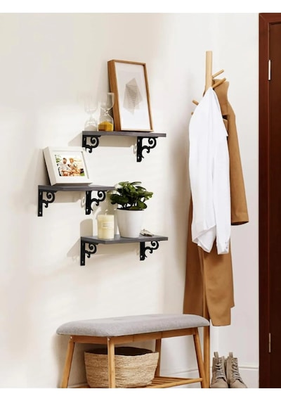 Duvar Rafı Kitaplık Mutfak Banyo Yaşam Alanı Metal Ahşap 3 Lü Set Raf Siyah