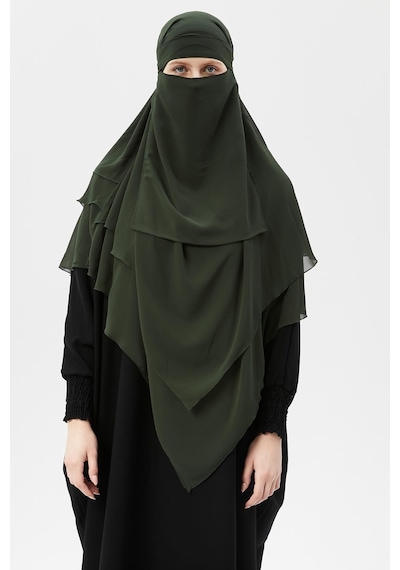 Altobeh Hazır Pratik Şifon Üç Katlı Peçeli Üçgen Hac Umre Şalı Sufle Hijab Nikap Haki