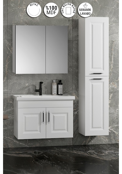 Salkım 65+35 Cm Beyaz Balon Mdf Seramik Lavabolu Asma Banyo Dolabı Takımı