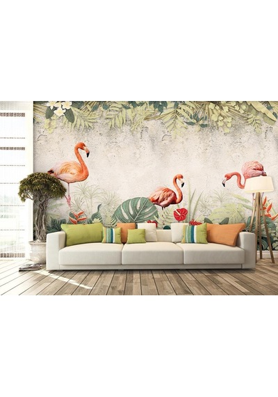 Flamingo Ve Tropikal Yapraklar Duvar Kağıdı (360364092)