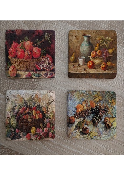 Natürmort Meyveler Doğal Taş Bardak Altlığı 4'lü Set - Natural Stone Coasters - Taş Çok Renkli