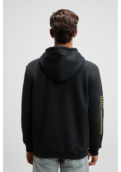 Grımelange Cornelıus Erkek Önü Ve Kolları Baskılı Kapüşonlu Kordonlu Kanguru Cepli Siyah Sweatshirt Siyah