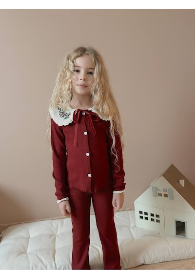 Miniko Kids Kız Çocuk Yaka Dantelli Fitilli Kaşkorse Bayramlık Taytlı Takım Bordo