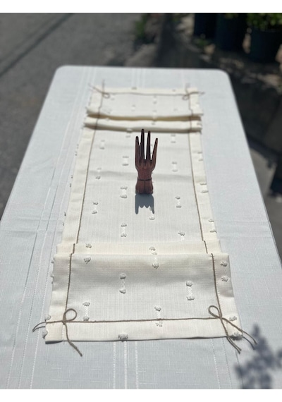 Diletto Ponpon Dokulu Hasır İp Detaylı Bohem Runner Beyaz