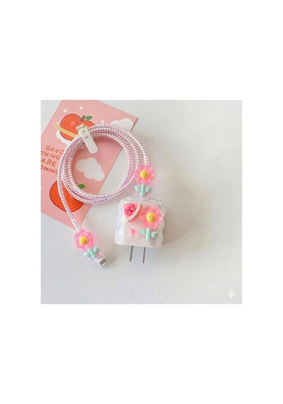 Pembe Çiçekli Spiral Kablo Koruyucu Ve Şarj Başlığı Koruma Kılıfı Seti