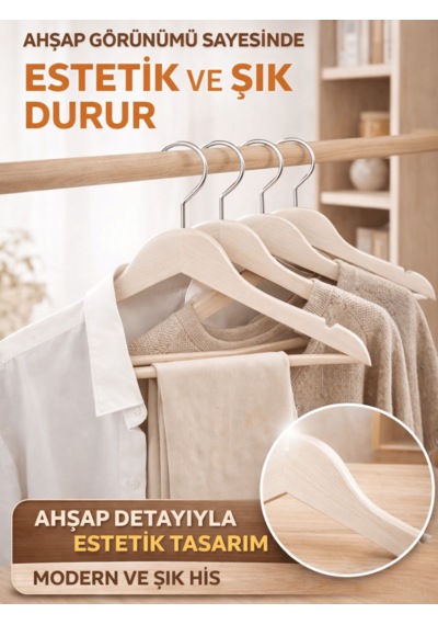 Beylini 3'lu Ahşap Görünümlü Plastik Askılık Yetişkin Kıyafetleri İçin Dayanıklı Elbise Gömlek Kancalı Askı Bej