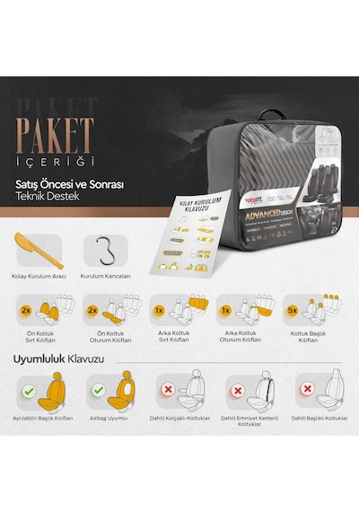 Advanced Design Özel Tasarım Premium Deri-Keten Ekstra Destekli Universal Oto Koltuk Kılıfı Tam Set