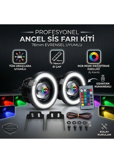 Üniversal Kumandalı Rgb Mercekli Angel Sis Farı Metal Su Geçirmez 76 Mm Beyaz Halkalı Gündüz Farı Angel Eyes 2 Adet