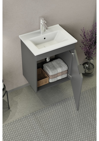 Biani Fix Arya Slım 50 Cm Banyo Dolabı,Seramik Lavabolu, Aynalı,Lavabo Dahil,Mdf,Mat Gri