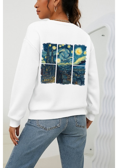 Uyguntarz Unisex Vangogh Baskılı Tasarım Oversize Sweatshirt beyaz
