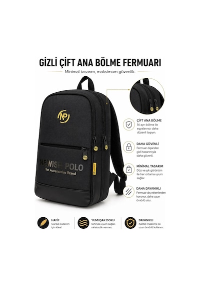 Newish Polo Unisex Laptop Tablet Bölmeli Minimal Sırt Çantası - Siyah