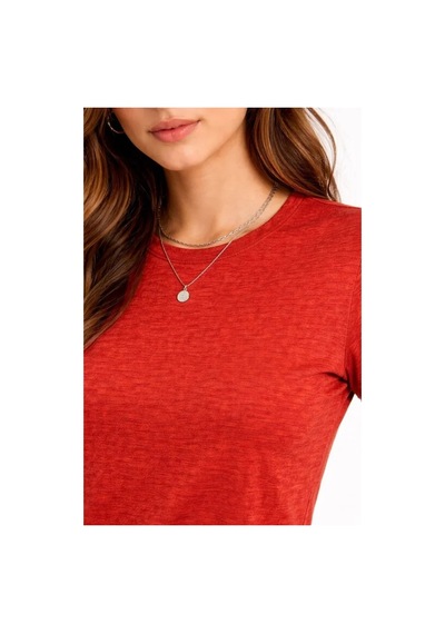 Hazego Flam Kumaş Melanj Dokulu Regular Fit Tişört Bisiklet Yaka Yazlık T-shirt - Kiremit