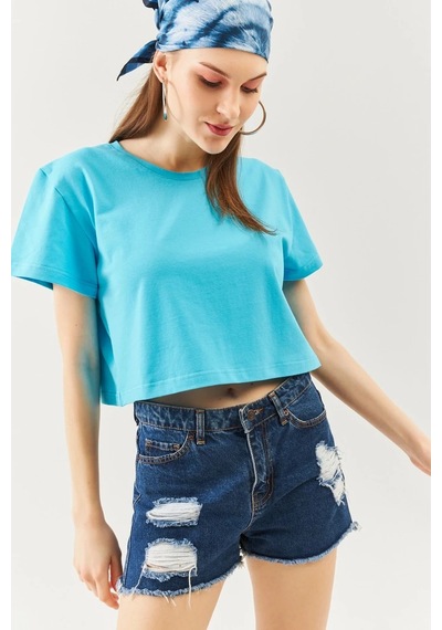Kadın Rahat %100 Pamuklu Penye Bisiklet Yaka Kısa Kol Basic Crop T-shirt Aqua