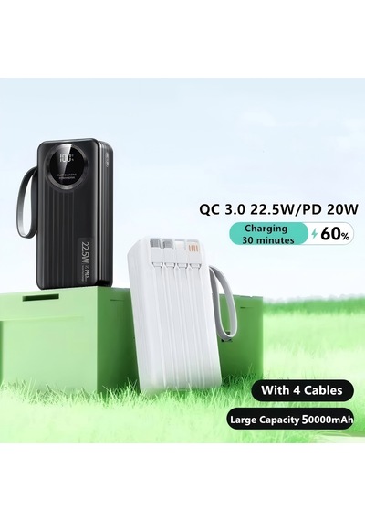 30.000 Mah 22.5w Hızlı Şarj Powerbank Taşınabilir Şarj Cihazı Dijital Göstergeli Dahili Çoklu Kablolu Powerbank Siyah