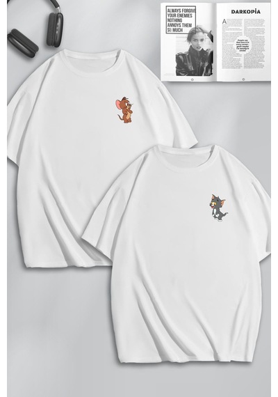 Unisex Kadın Erkek Tom Ve Jerry Aşık Baskılı Sevgili Çift Kombini Tasarım Oversize Tshirt 2'li Beyaz1 Mck0084 Beyaz