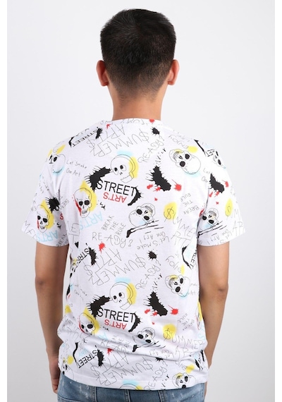 Rich Erkek Bisiklet Yaka Baskılı T-shirt %100 Pamuk Tişört Beyaz