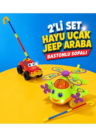 Hayu Uçak Helikopter Jeep Araba Baston Saplı Sopalı Itmeli Oyuncak 2'li Set