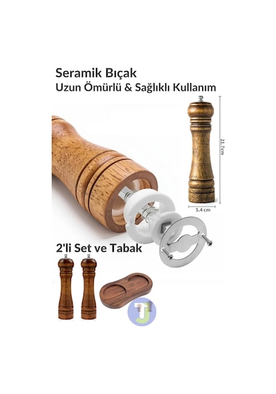 Technojet 2 Adet Doğal Ahşap Karabiber Tuz Kahve Baharat Öğütücü Ahşap Değirmen Tuzluk Biberlik 2li Set Tabaklı 22cm 2li Set Tabaklı 22cm