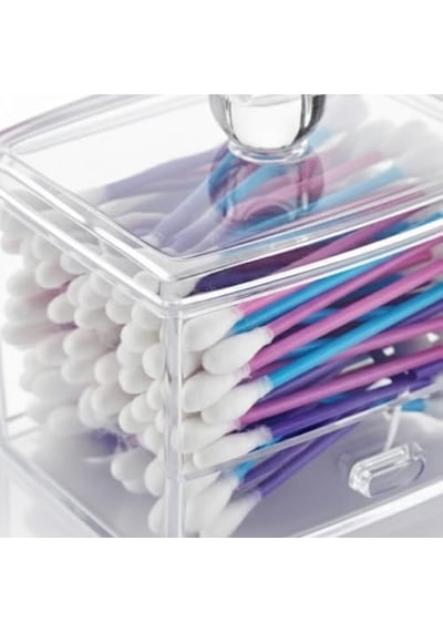Şeffaf Akrilik Kulak Çubuğu Ve Makyaj Organizeri, Kapaklı, Çekmeceli, 9x9 Cm, Banyo Düzenleyici Kutusu 000 Açık Krem