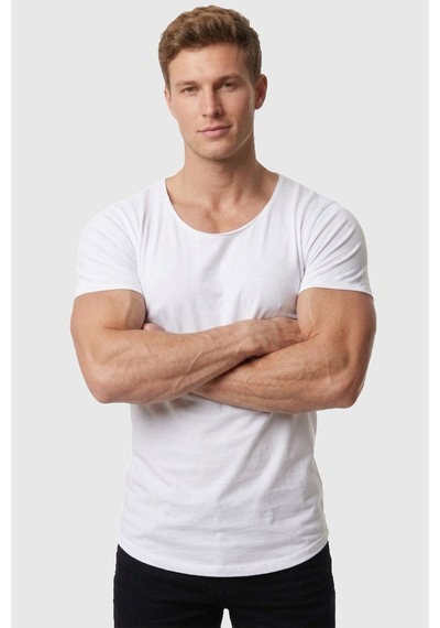 Deepsea Erkek Beyaz Geniş Yaka Likralı Tişört Oval Yaka Slim Fit Eteği Oval Açık Yaka T-shirt 1801199 Beyaz