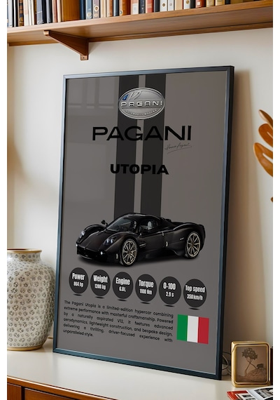 Pagani Utopia Premium Araba Tablosu - V12 Teknik Özellikli İtalyan Otomobil Duvar Dekoru Siyah