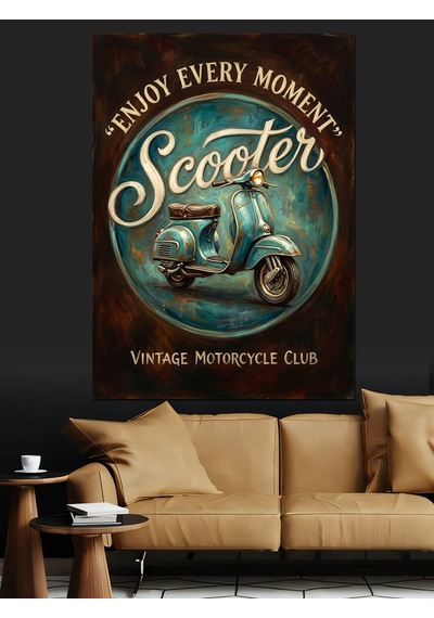 Retro Scooter Ve Özgürlük Yazısı Dekoratif Kanvas - Mdf Ahşap Tablo