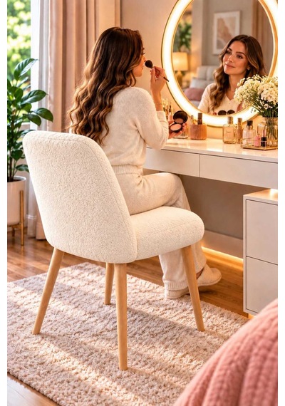 Arya Makyaj Masası Sandalyesi Teddy Kumaş Ahşap Ayaklı Dekoratif Sandalye Mutfak, Salon, Makyaj Pufu Ve Çalışma Sandalyesi Krem Arya Makyaj Masası Sandalyesi Teddy Kumaş Ahşap Ayaklı Dekoratif Sandalye Mutfak, Salon, Makyaj Pufu Ve Çalışma Sandalyesi Krem