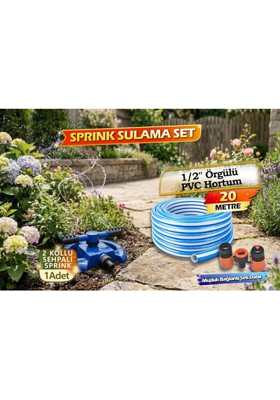Tr Bahçe Sulama Seti 20m Örgülü Pvc Hortum, Dönerli Çift Sprinkler, Musluk Bağlantı Seti Dahil, Bahçe Çim