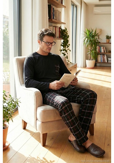 Buratti Ekoseli Cepli Beli Lastikli % 100 Pamuk Regular Fit Erkek Pijama Takımı 6572001 Siyah