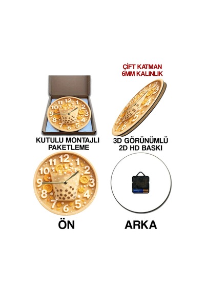 Zamanın Tadı Bubble Tea Temalı Sessiz Yuvarlak Ahşap Duvar Saati, Kuvars Coffe Desen 2d Sdw2014 Renkli