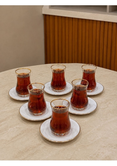 12 Parça Altın Yaldızlı 6 Kişilik Çay Takımı Seti-6068 Beyaz