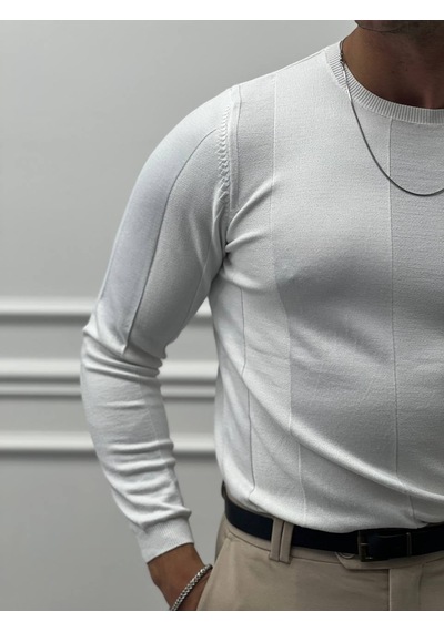 Modefendi Pamuk Yapılı Desenli Slimfit Triko Beyaz