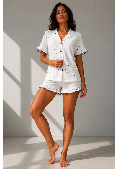 Kadın Süprem Gömlek Şort Düğme Beyaz Pijama Takımı