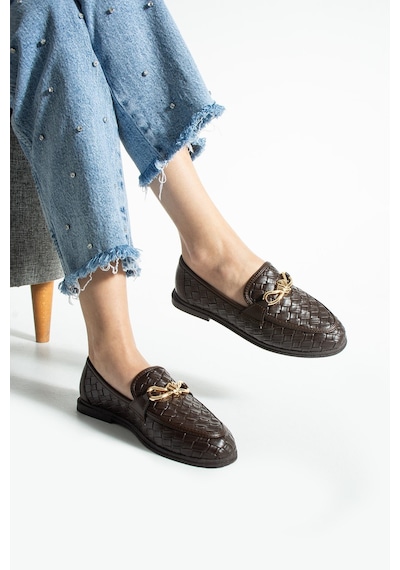 Lebibe Shoes Maby Kadın Acı Kahve Örgü Dokulu Zincir Detaylı Loafer Düz Ayakkabı Babet Acı Kahverengi