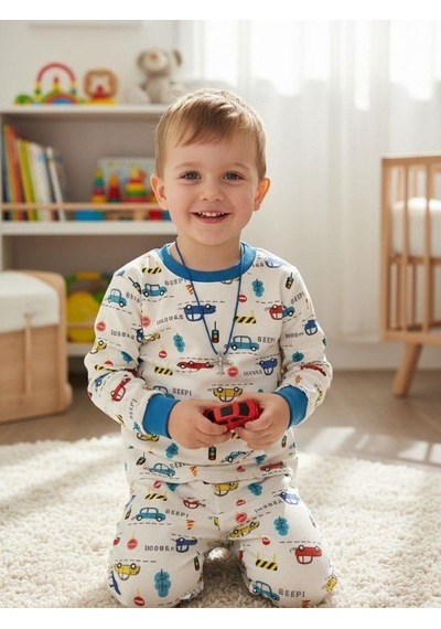 Zekids Erkek Çocuk Pamuklu Araba Desenli Pijama Takımı-16838 Renklı
