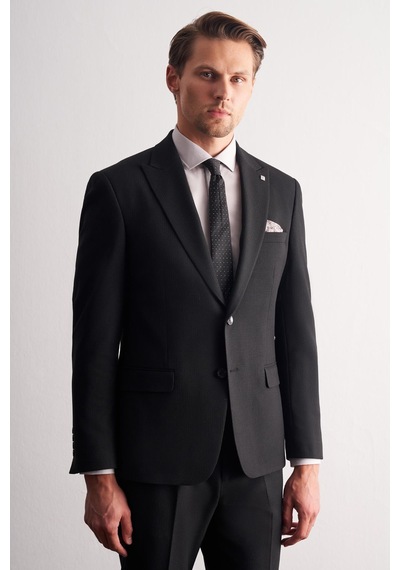 İmza Siyah Kırlangıç Yaka Çizgili 6 Drop Slim Fit Tam Astar Esnek Takım Elbise 1001255164