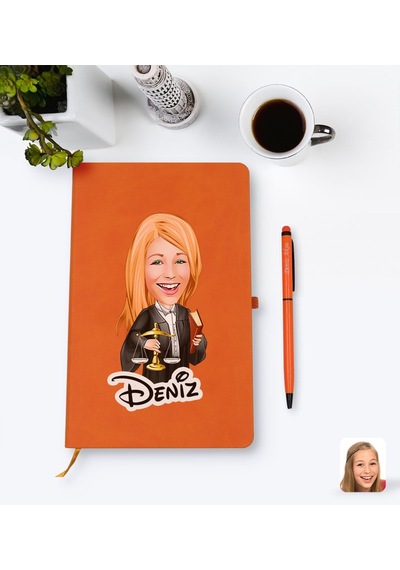 Kişiye Özel Kadın Avukat Karikatürlü Turuncu Termo Deri Defter Ka N11.976