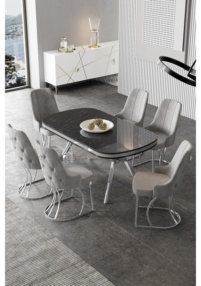 Canisa Epal Serisi 90x168 Lak Panel Siyah Mermer Desen Krom Ayaklı Masa Takımı Ve 6 Gri Sandalye Masa Siyah Mermer Desen Sandalye Gri Canisa Epal Serisi 90x168 Lak Panel Siyah Mermer Desen Krom Ayaklı Masa Takımı Ve 6 Gri Sandalye Masa Siyah Mermer Desen Sandalye Gri