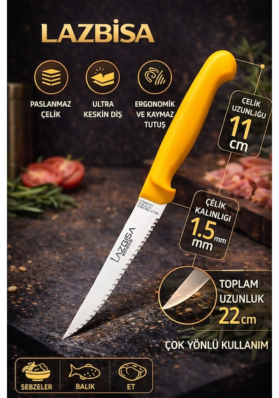Lazbisa Mtf-007 Gold Serisi Mutfak Bıçak Seti Et Ekmek Sebze Bıçağı 4 Lü Set Günlük Kullanım Sarı