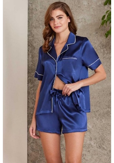 Pierre Cardin 1205 Kadın Saten Önden Düğmeli Şortlu Pijama Takım-lacivert Lacivert