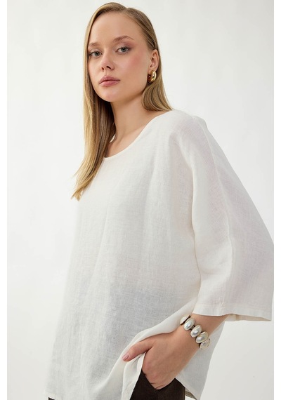 Vitrin %100 Keten Geniş Yaka Oversize Kısa Kol Bluz Krem