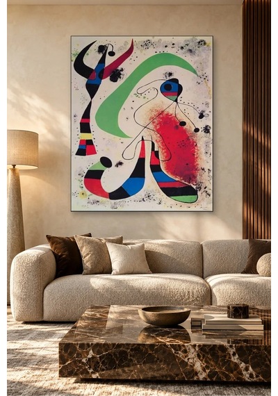 Fida Miro Yeşil Hilal Ve Kırmızı Lekeli Gece Canvas Tablo Çok Renkli