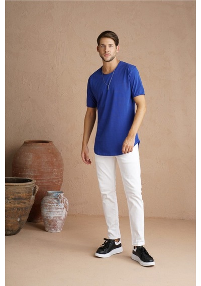 Cool Tarz Mavi Erkek Oval Kesim Slim Fit Pis Yaka Salaş T-shirt Mavi Mavi