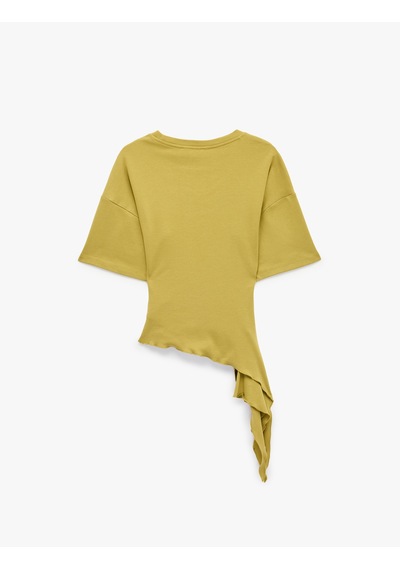 Koton Pamuklu Slim Fit Kısa Kollu Fırfırlı Drapeli Asimetrik Kesim Tişört Haki 7wak50079ek