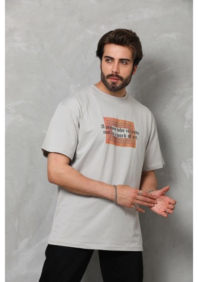 Erkek Baskılı T-shirt Kısa Kol Bisiklet Yaka Regular Fit Rahat Kalıp Tişört - Gri