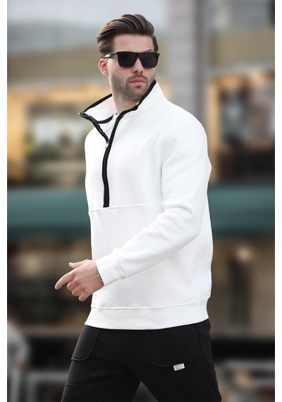 Madmext Ekru Dik Yaka Yarım Fermuarlı Sweatshirt 7079 Ekru