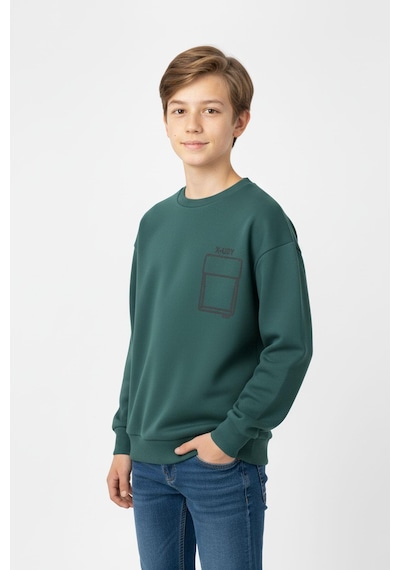 Baskı Detaylı Bisiklet Yaka Erkek Çocuk Sweatshirt-90914 Yeşil