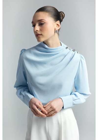 Düğmeleri Taş Detaylı Bluz - Mavi-136992